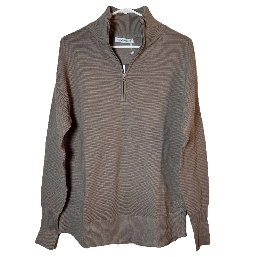 PrettyGarden Ribbed Knit Sweater Women M Taupe Zip Neck Oversized Batwing NWT